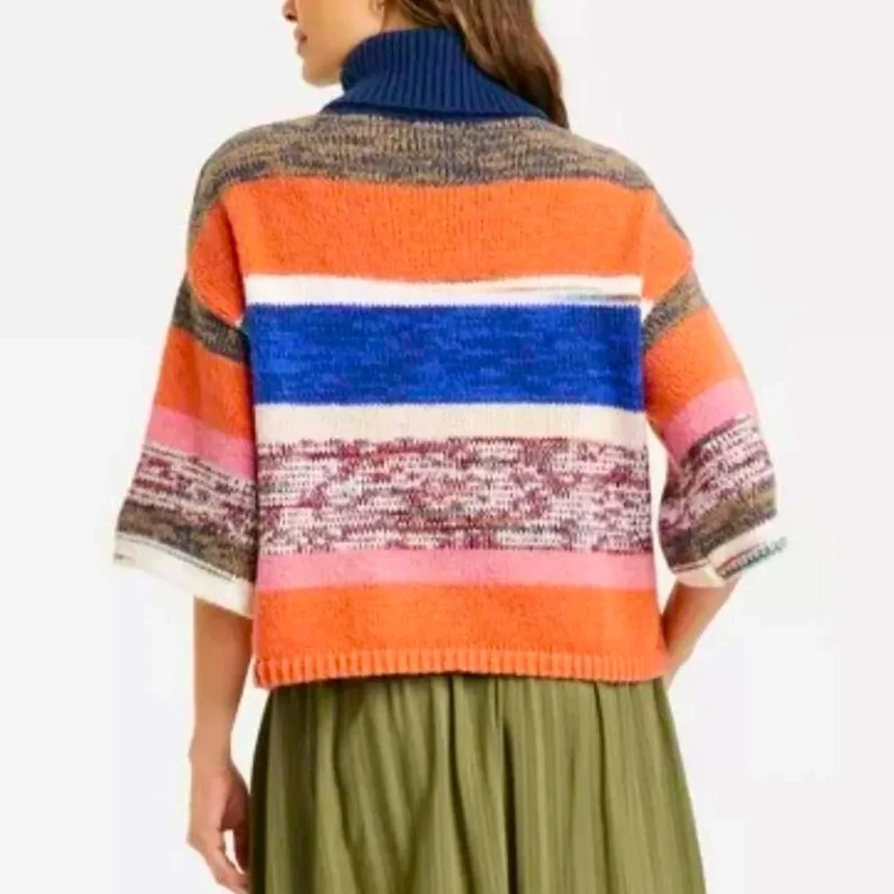 KNOX ROSE™ Cozy Colorful Striped Knit Turtleneck Sweater w 3/4 length Sleeves - Picture 3 of 8